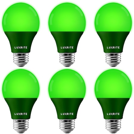 Luxrite A19 LED Light Bulbs 8W (60W Equivalent) Green Colored Bulbs Non-Dimmable E26 Base 6-Pack LR21492-6PK